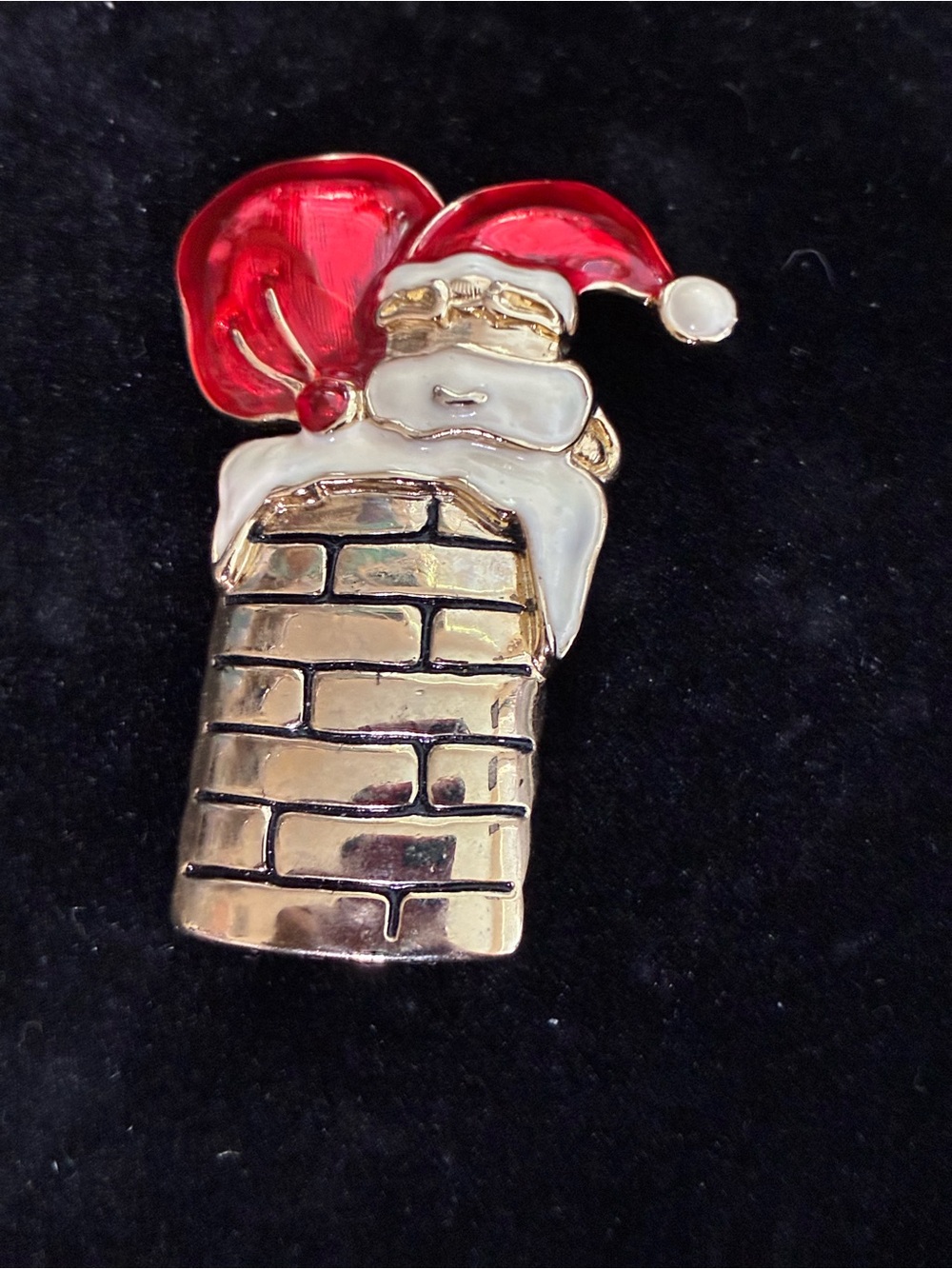 Santa in Chimney EUC Red and Gold Festive Brooch